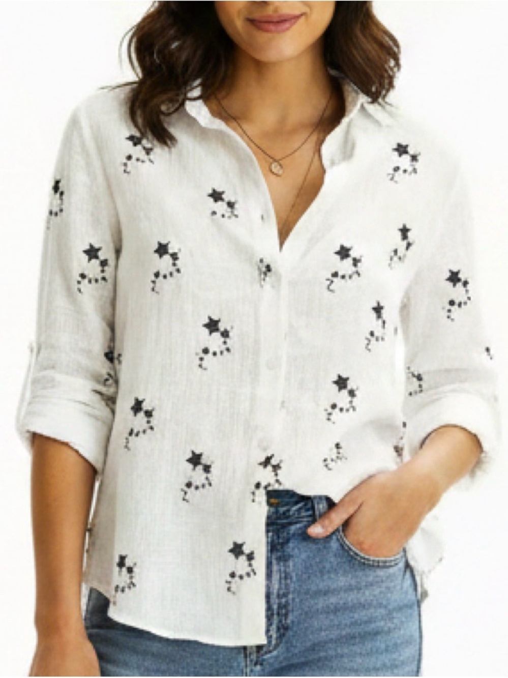 Linen Look Button Down Shirt Blouse Boho Lightweight Vacation White Small NWOT